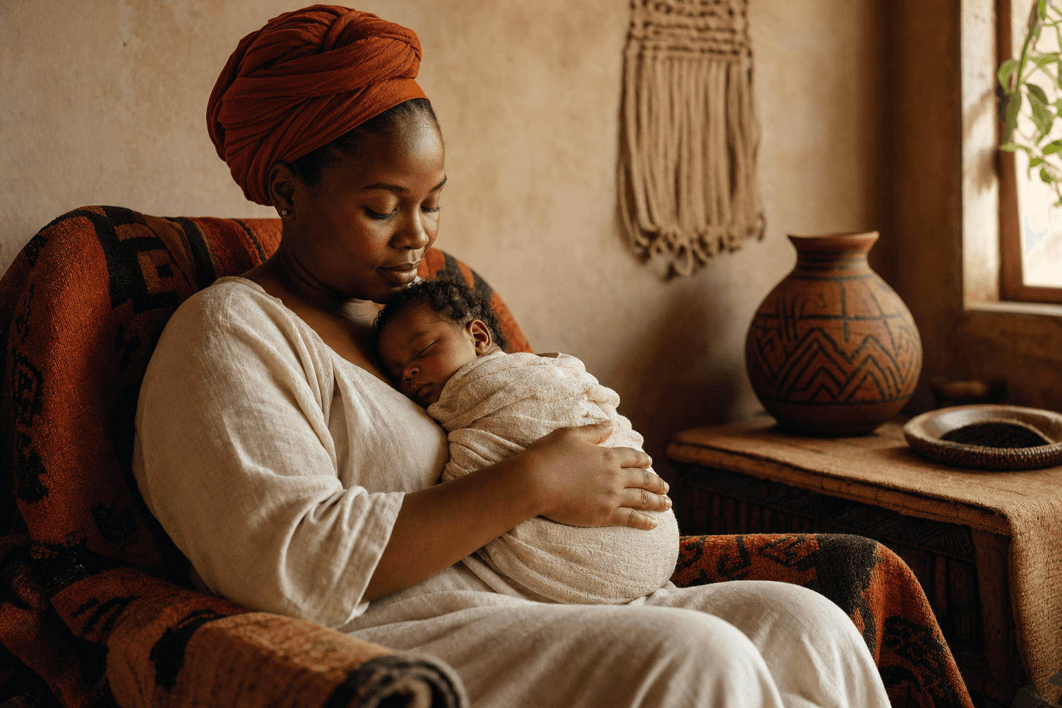 A mother in a rust headwrap resting with her newborn