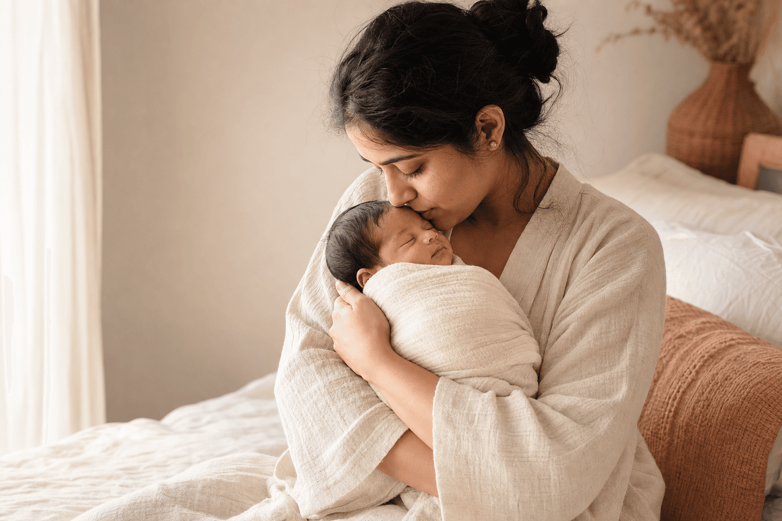 A mother gently holding her sleeping newborn